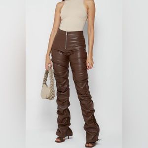 Chocolate Brown Tacked Side Vegan Leather Trousers
